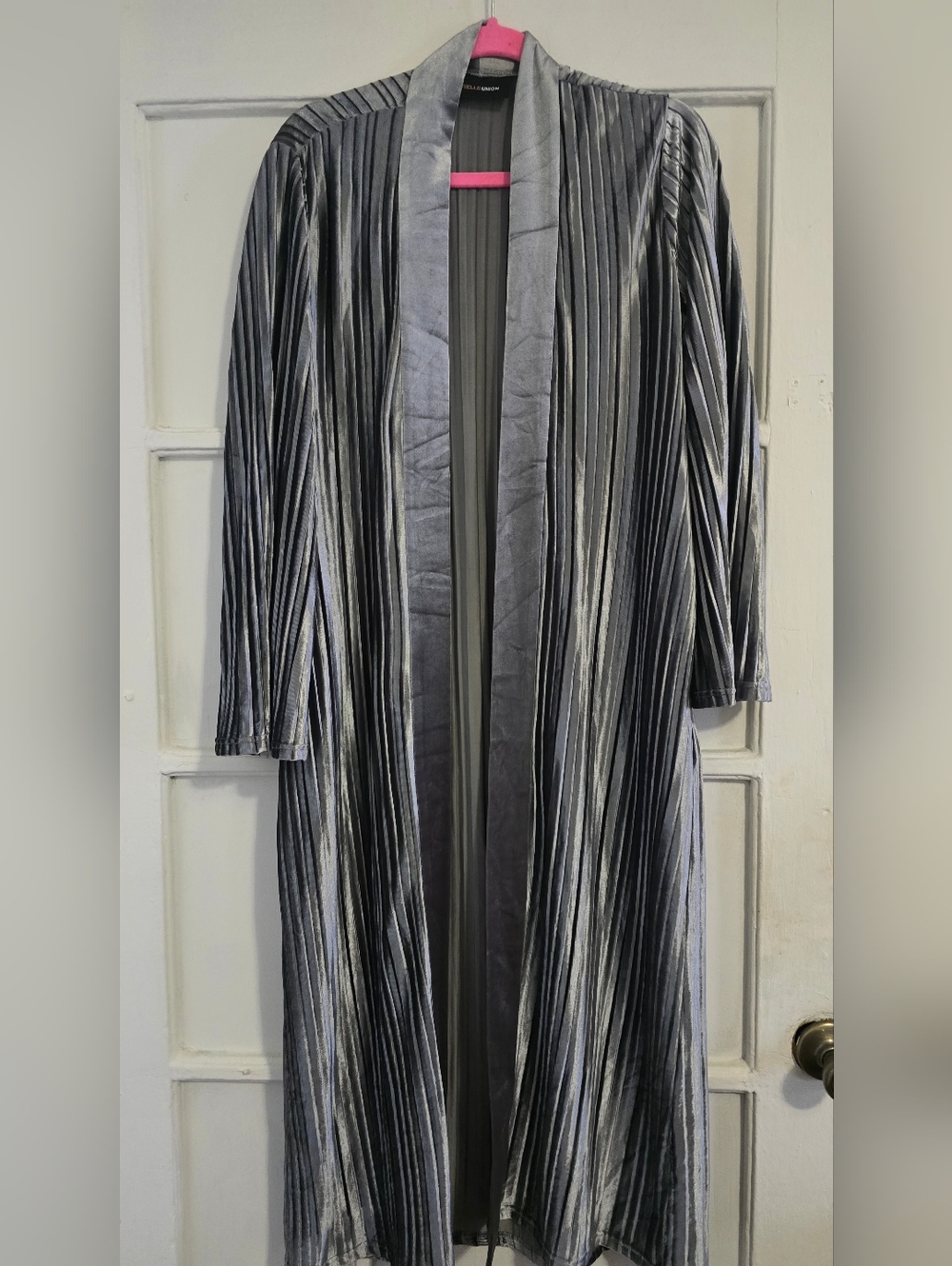 Long Silver-Gray Pleated Duster Cardigan